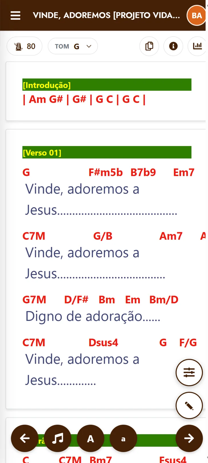 Tela de cifra do Maestro: acordes coloridos sobre a letra, seletor de tom para transposição e metrônomo a 80 bpm.