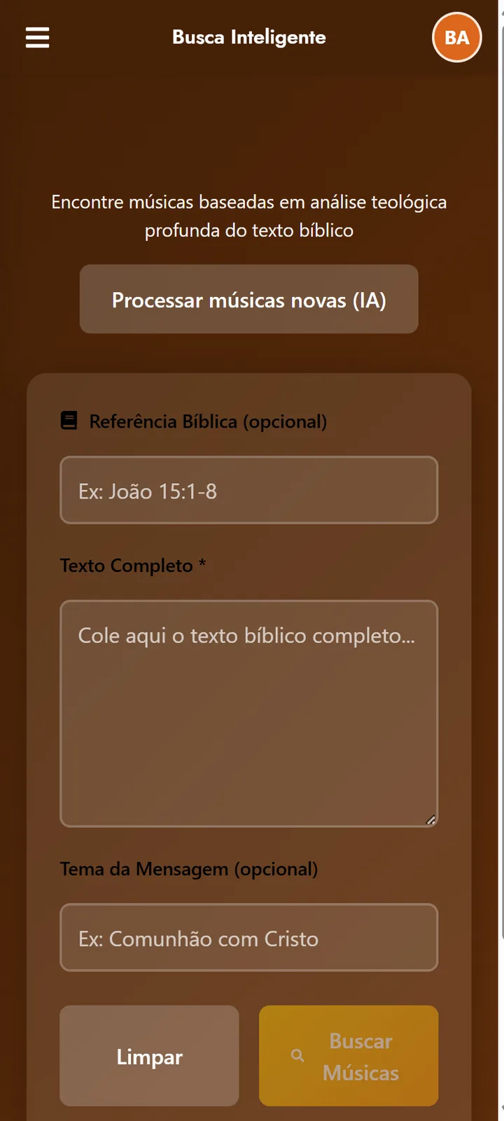 Tela de busca inteligente do Maestro: campos de referência bíblica, texto completo e tema, com o botão Buscar Músicas.