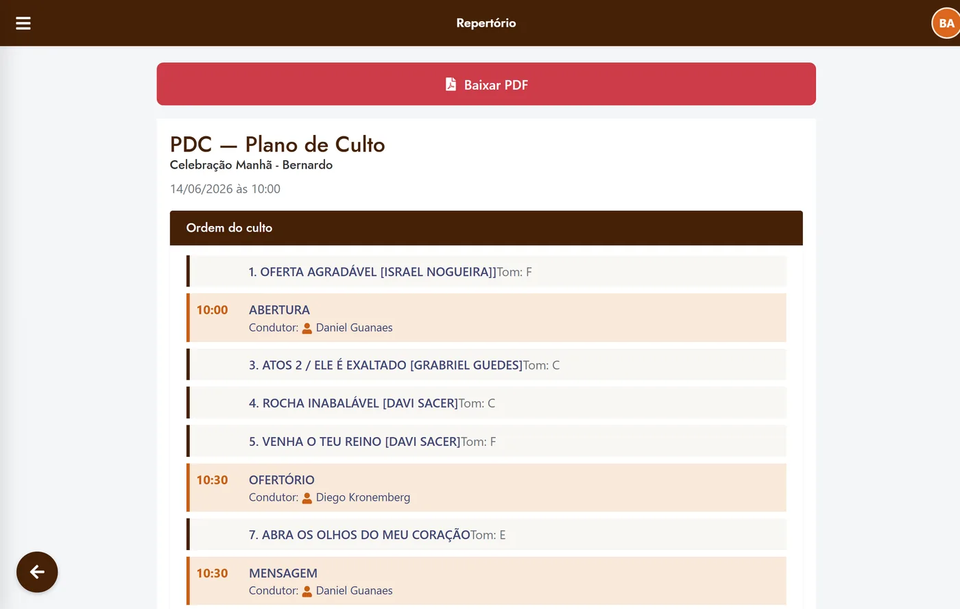 Plano de Culto do Maestro: ordem do culto completa com músicas, tonalidades, condutores e horários, pronta para exportar em PDF.